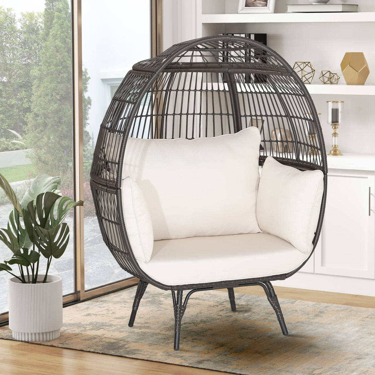 Goflame PE Rattan Egg Chair - Oversized Hammock Chair with Thick Cushions & Sturdy Metal Frame