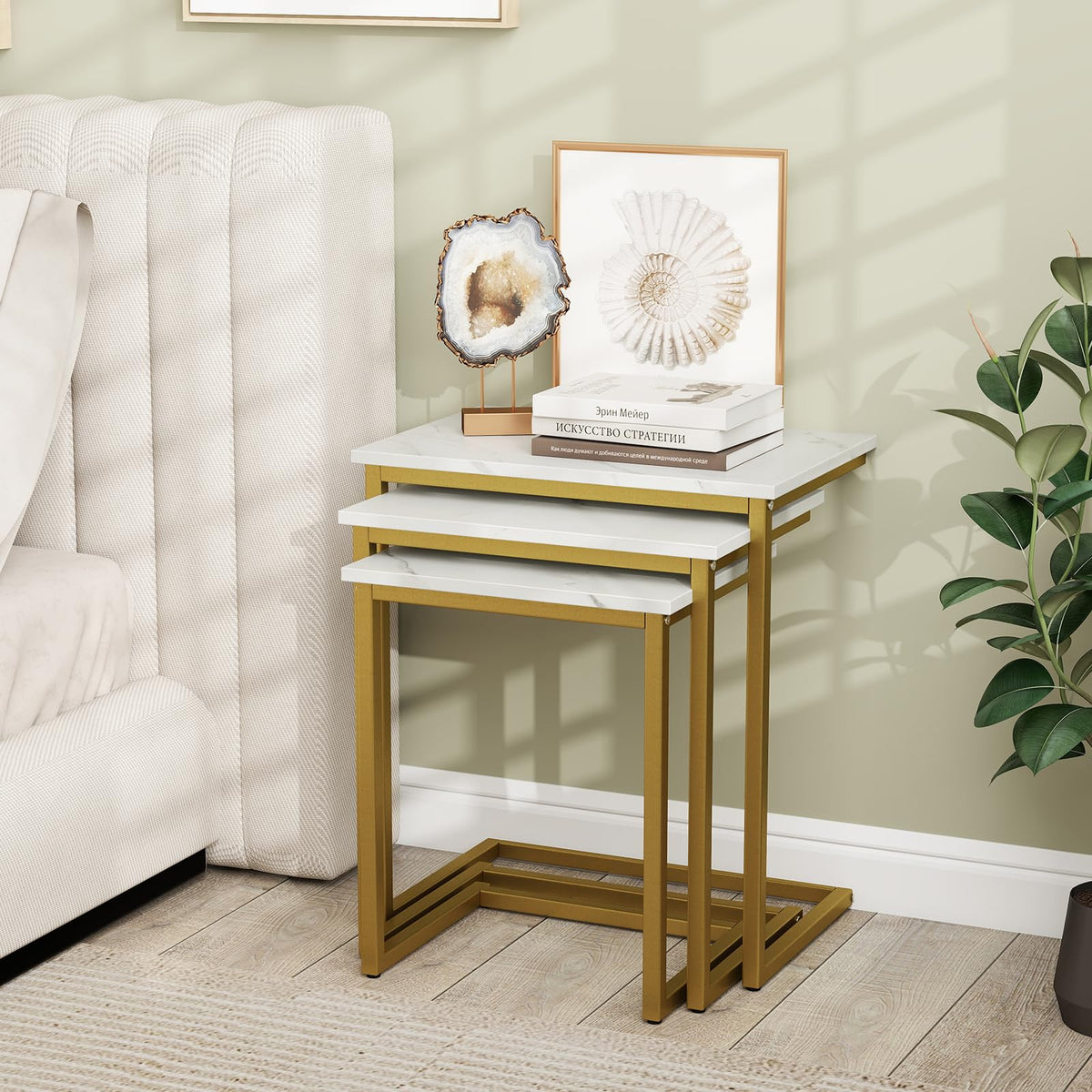 Goflame Nesting Coffee Table Set of 3 Stackable Square End Table w/Faux Marble Tabletop & Heavy-Duty Metal Frame