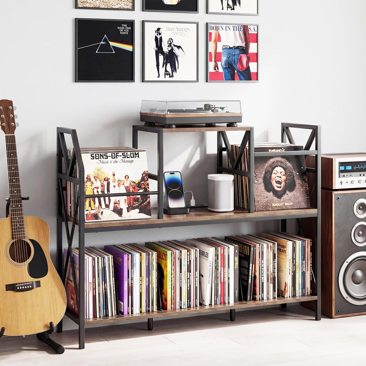 Goflame Large Record Player Stand with Charging Station & Dividers for Albums