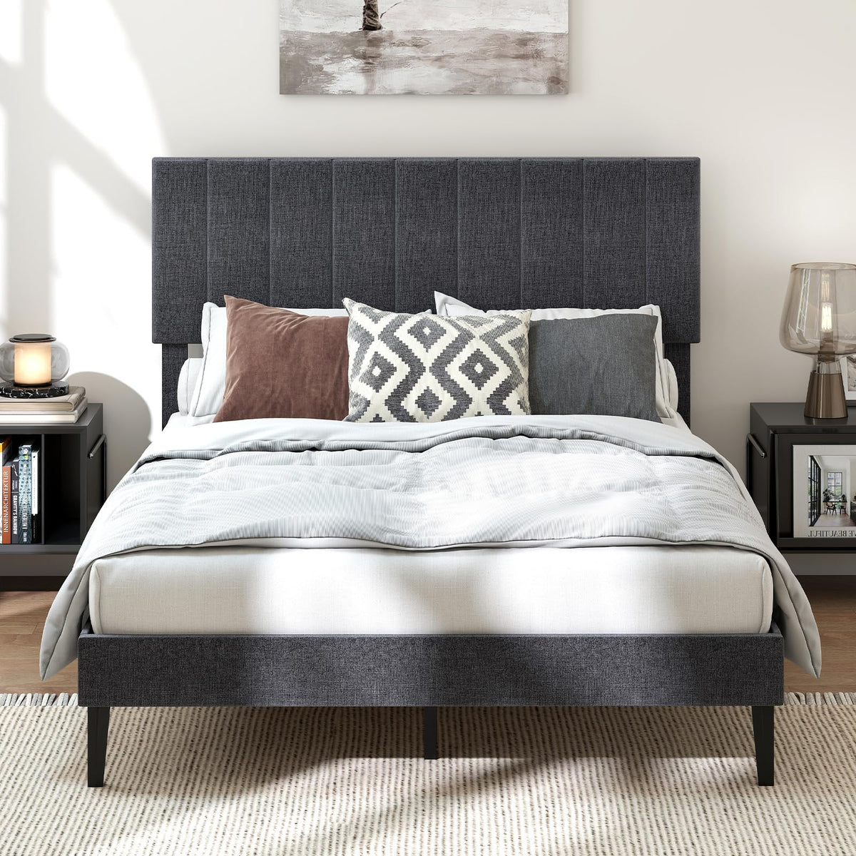 Goflame Queen/Full/Twin Size Upholstered Bed Frame Platform Bed with Height Adjustable Vertical Channel Headboard