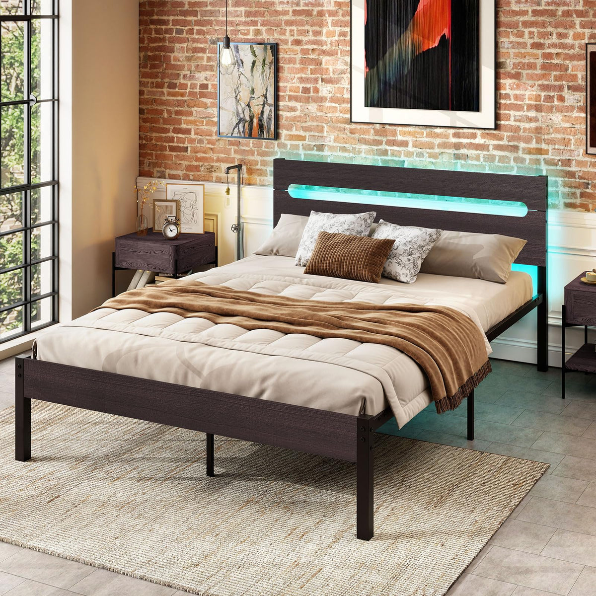 Goflame Full Size LED Bed Frame with Charging Station Rustic Metal Platform Bed