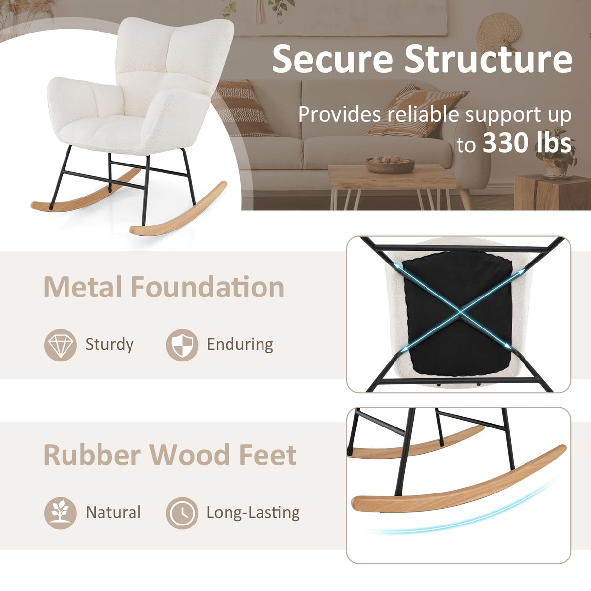 Goflame Rocking Chair Nursery, Teddy Upholstered Glider Rocker Chair w/High Backrest