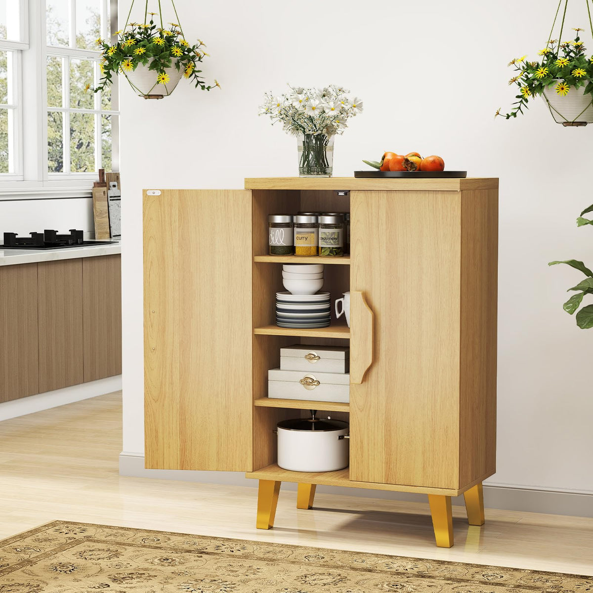 Goflame Sideboard Buffet Cabinet, Kitchen Storage Cabinet with Double Doors & Removable Shelves (Natural Oak,1)
