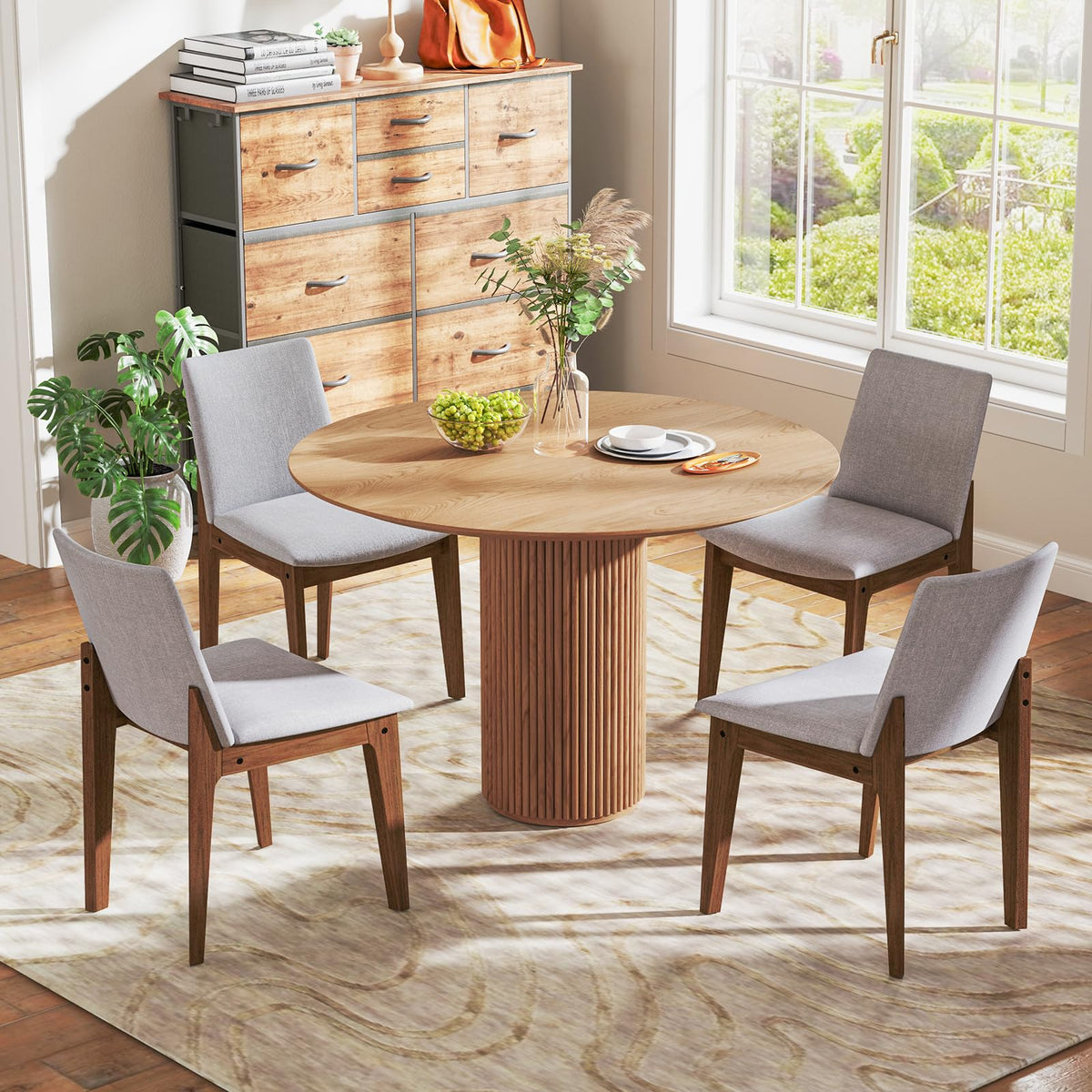 Goflame Upholstered Dining Chairs Set of 2/4, Linen Fabric Wooden Kitchen Chairs w/Rubber Wood Frame