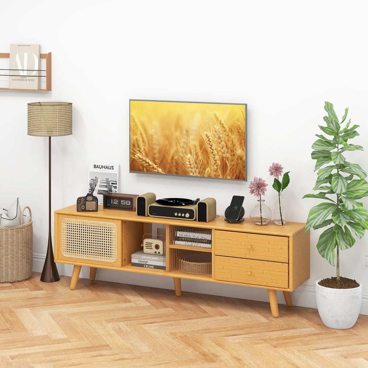 Goflame Bamboo TV Stand for 55 60 65 Inch TV, PE Rattan Entertainment Center with Sliding Doors
