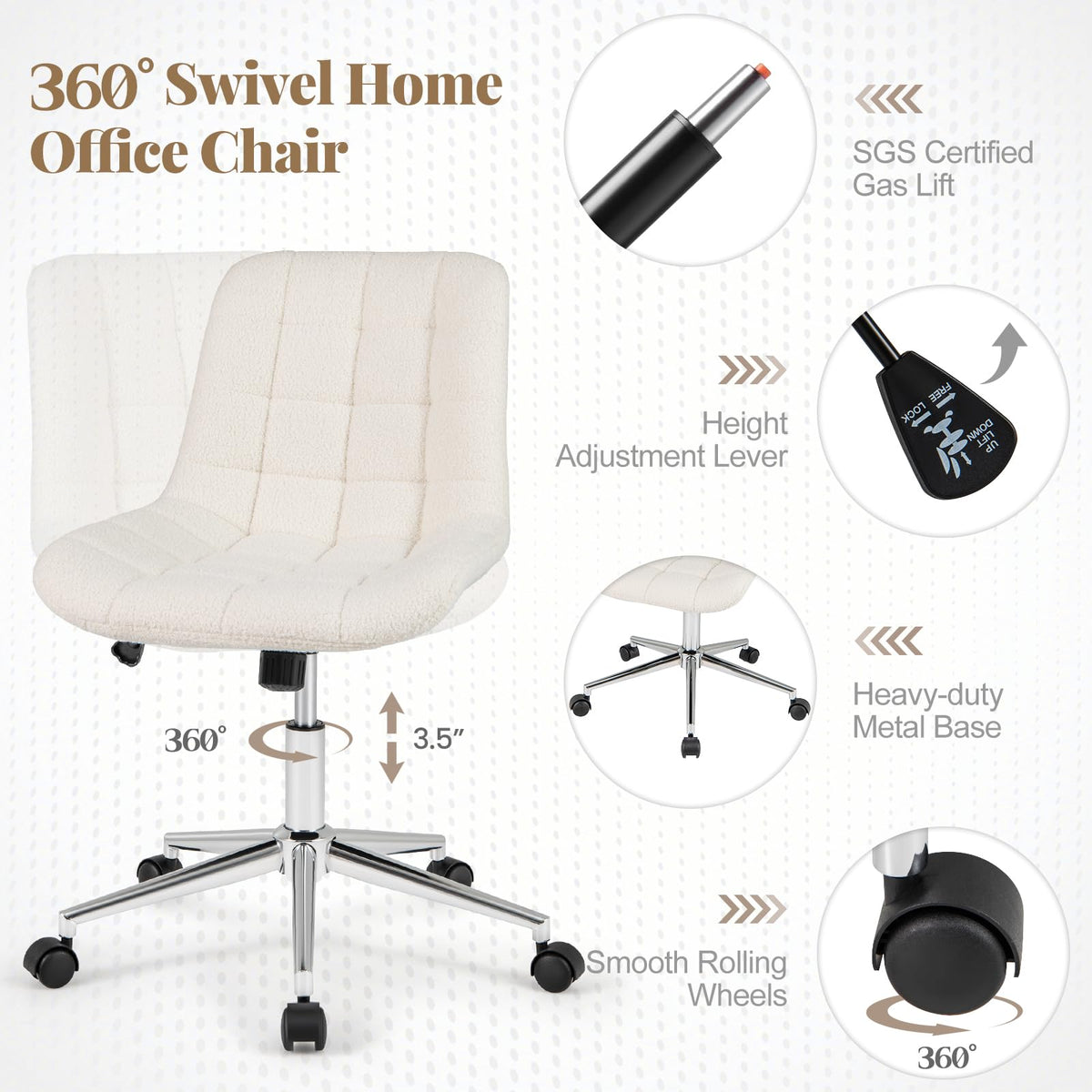Goflame Armless Office Chair, Modern Faux Fur White Vanity Chair with Wheels & Adjustable Height