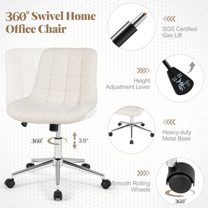 Goflame Armless Office Chair, Modern Faux Fur White Vanity Chair with Wheels & Adjustable Height