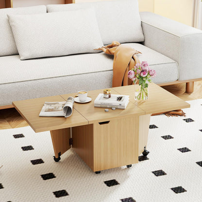 Goflame Folding Coffee Table 48 Inch Drop Leaf Extendable Center Table with Storage Cabinet & Wheels