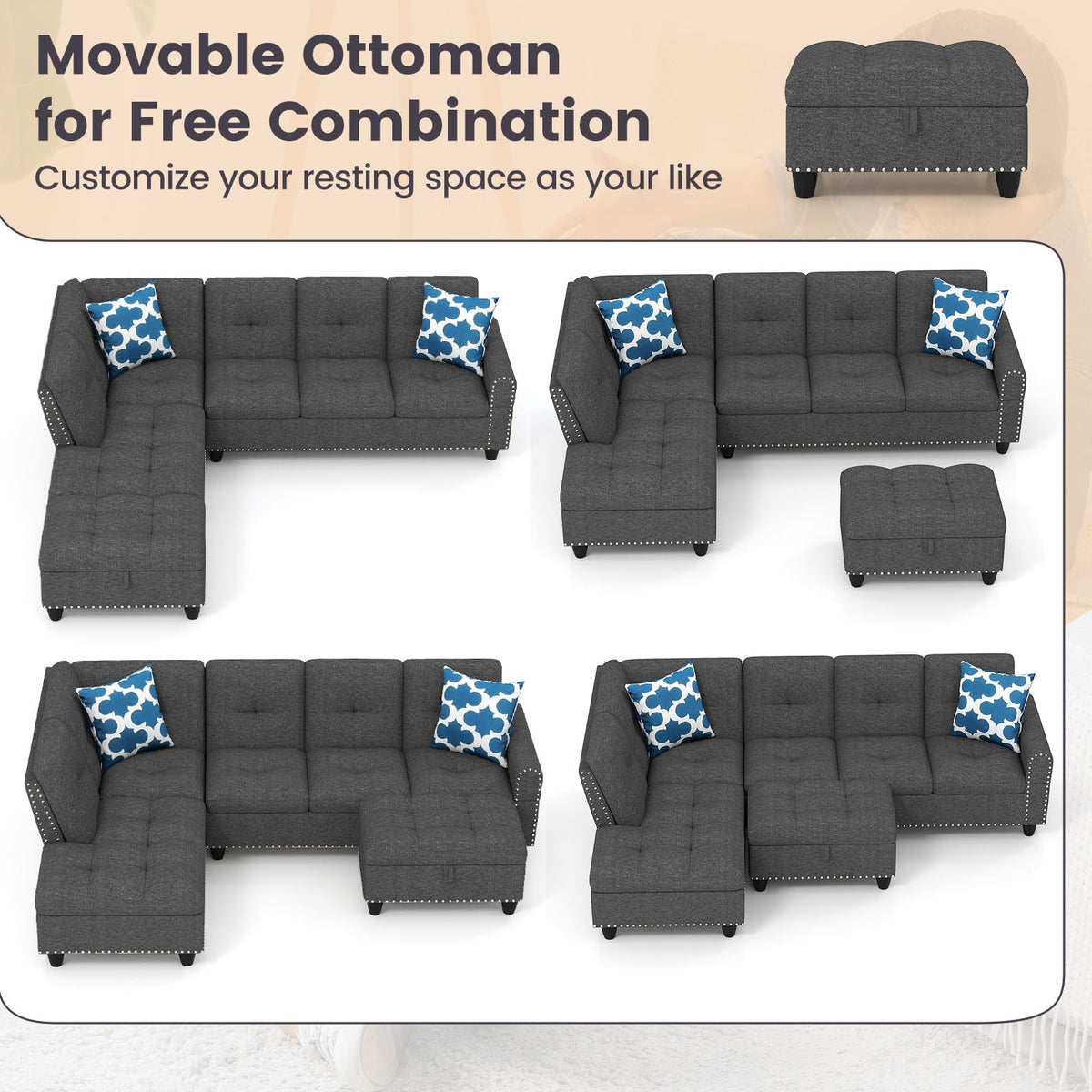 Goflame 98 Inches Sectional Sofa Couch with Movable Storage Ottoman and Linen Fabric Backs