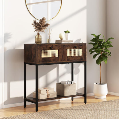 Goflame Rattan Console Table 32" Boho Entryway Table with 2 Drawers