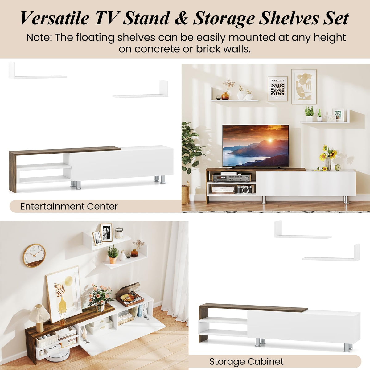 Goflame 80 Inch TV Stand and 2 Floating Shelves Set