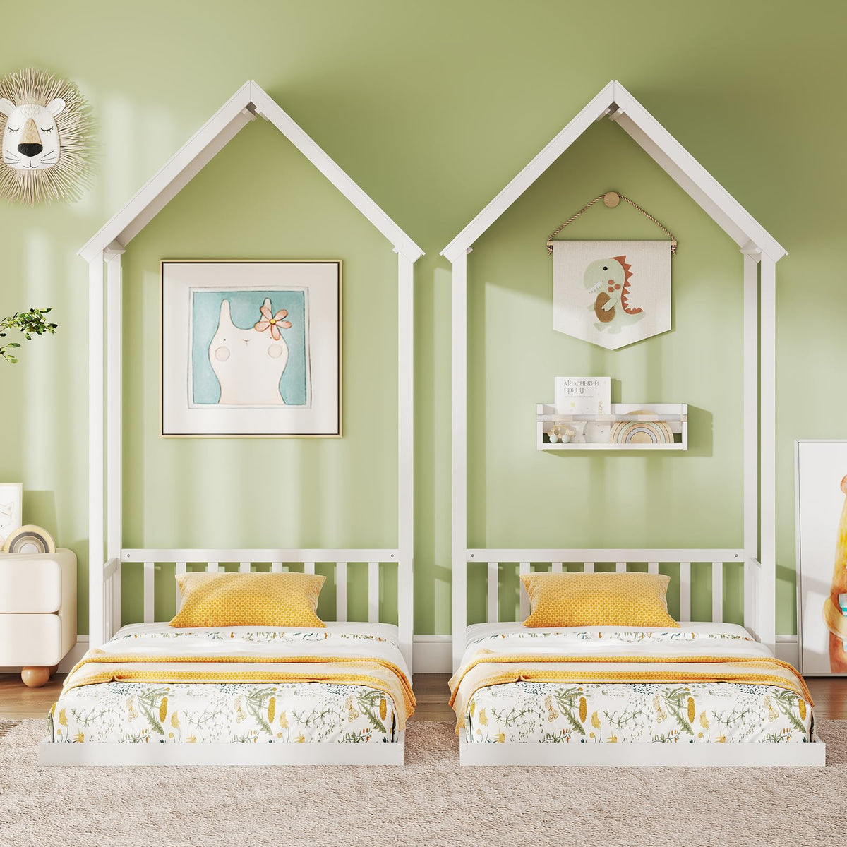 Goflame Twin Size House Bed Montessori Floor Bed with House Shape Roof & Semi-Fence