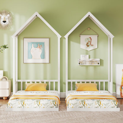 Goflame Twin Size House Bed Montessori Floor Bed with House Shape Roof & Semi-Fence