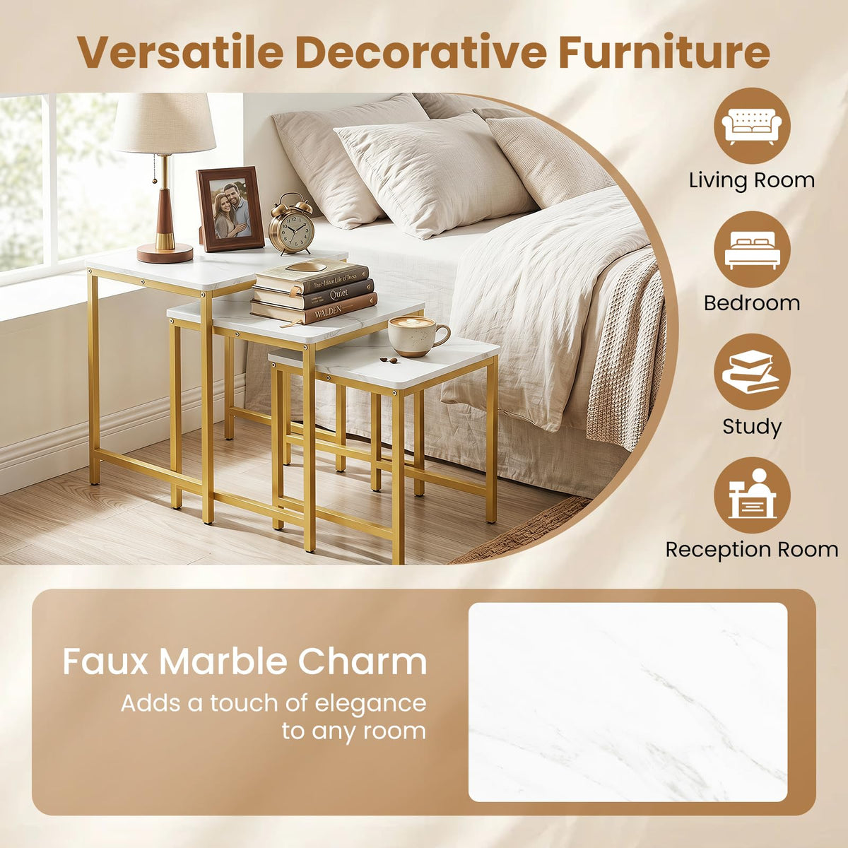 Goflame Nesting Coffee Table Set of 3 | Faux Marble Coffee Table with Metal Frame