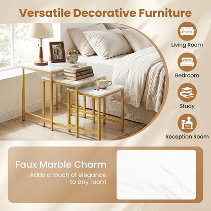 Goflame Nesting Coffee Table Set of 3 | Faux Marble Coffee Table with Metal Frame