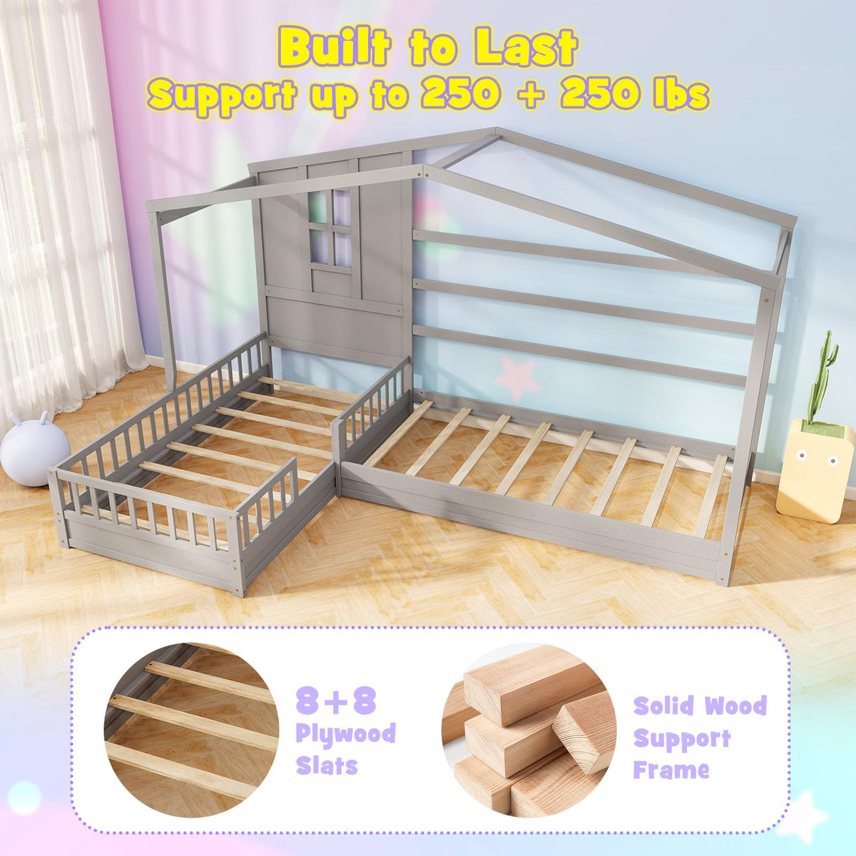 Goflame Double Twin Beds for Kids, House L-Shaped Platform Beds with Window & Fences