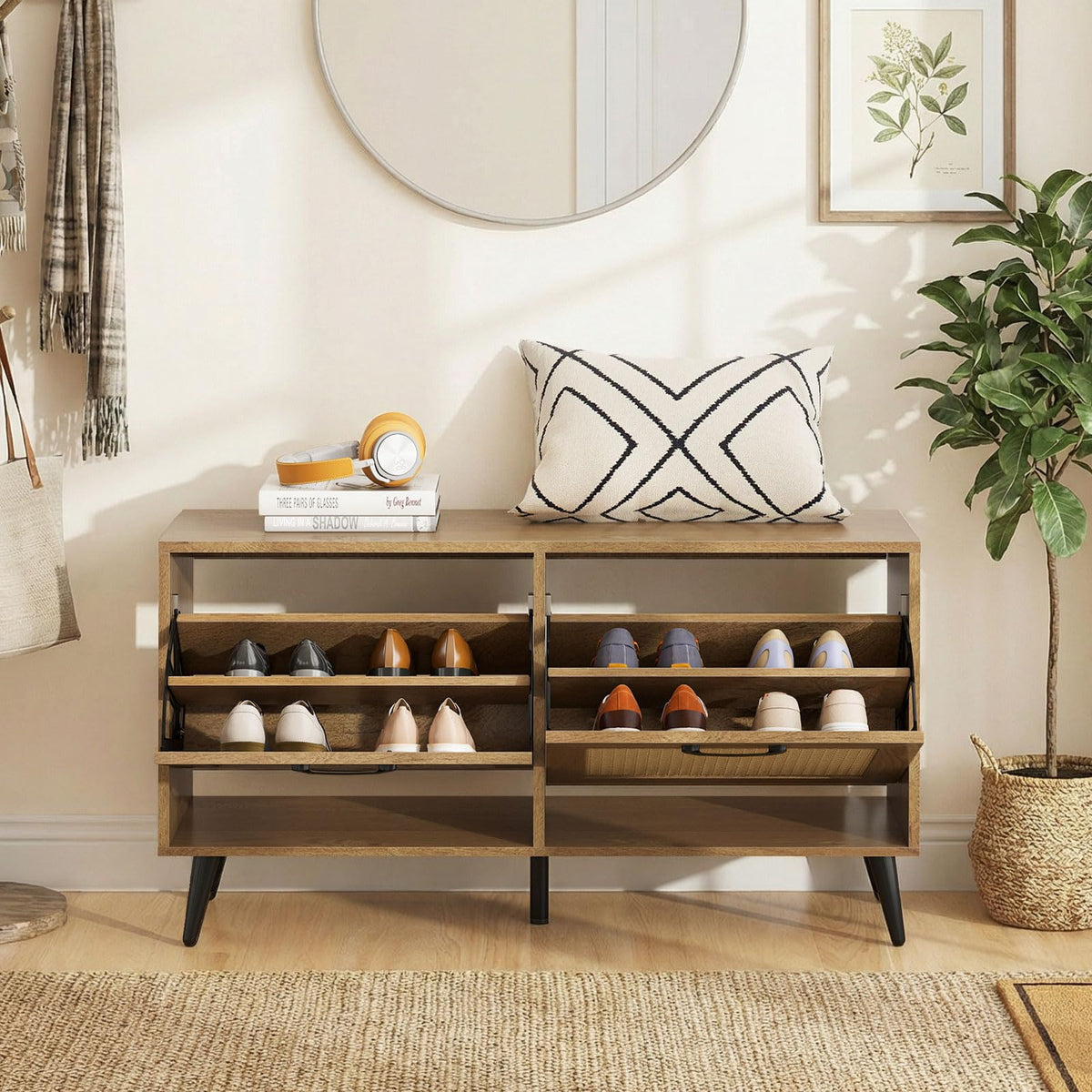 Goflame Rattan Shoe Cabinet with 2 Flip Drawers