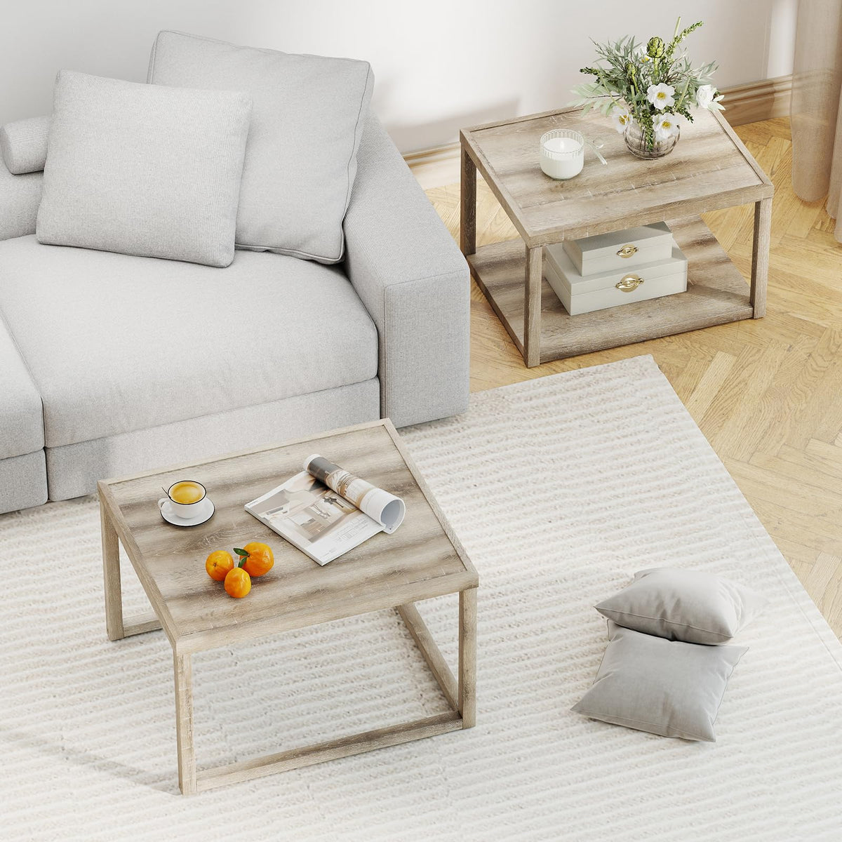 Goflame Nesting Coffee Tables Set of 2 with Storage Shelf Rubber Wood