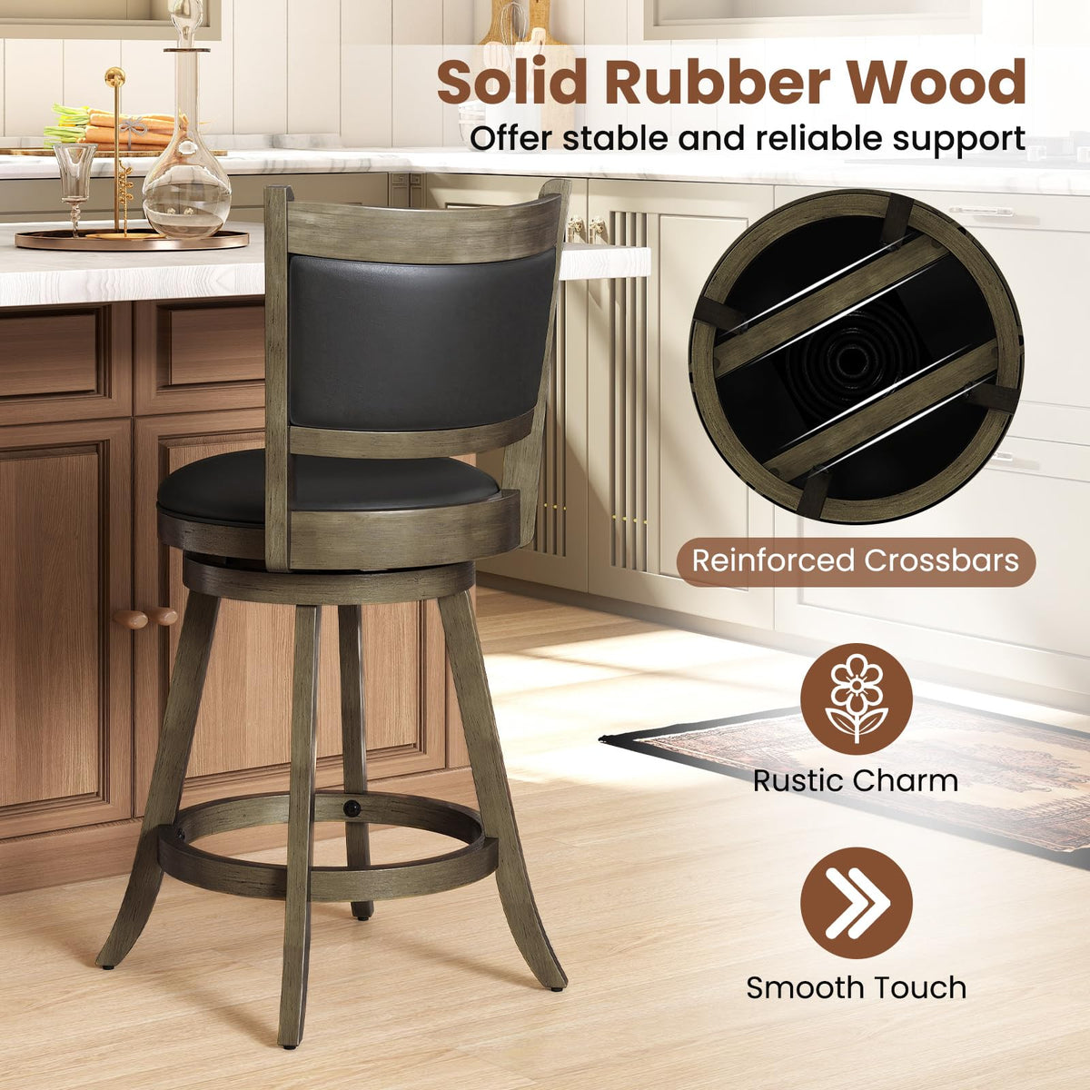 Goflame Accent Wooden Swivel Back Counter Height Bar Stool, Fabric Upholstered Design
