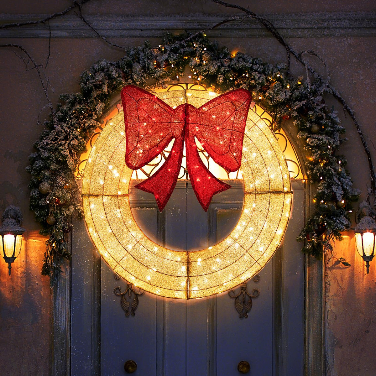 Goflame 48 Inch Pre-Lit Christmas Wreath, Indoor/Outdoor Xmas Decoration with 200 LED Lights