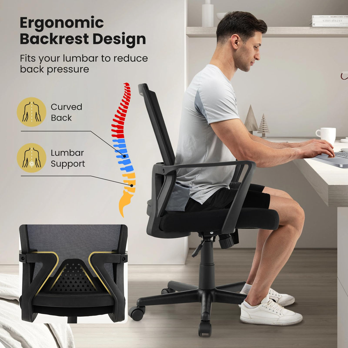 Goflame Office Desk Chair with Lumbar Support, Ergonomic Mesh Office Chair with Wheels and Armrests