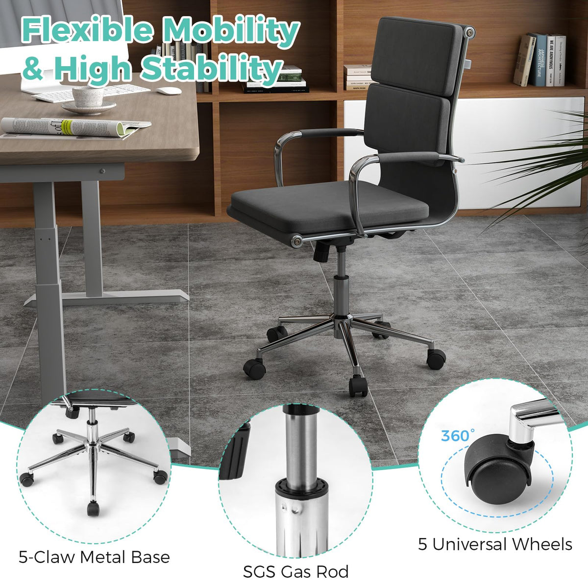 Goflame Ergonomic Office Chair Mid Back Fabric Desk Chair with Armrest