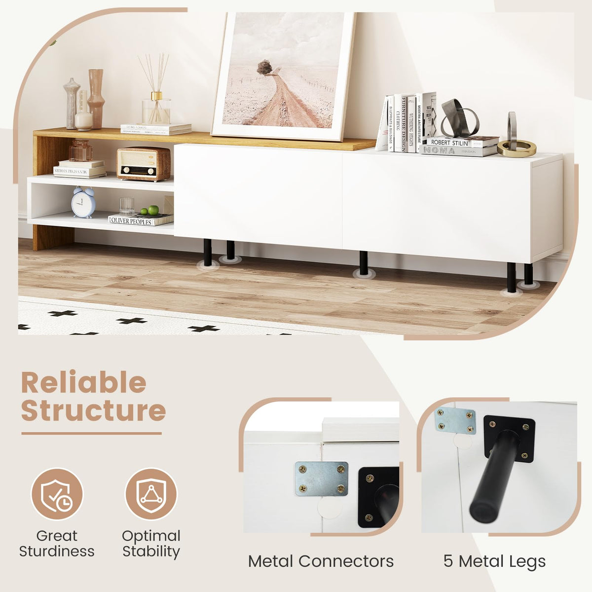 Goflame Modern TV Stand for 80 Inches TVs with Storage Shelves and Cabinets