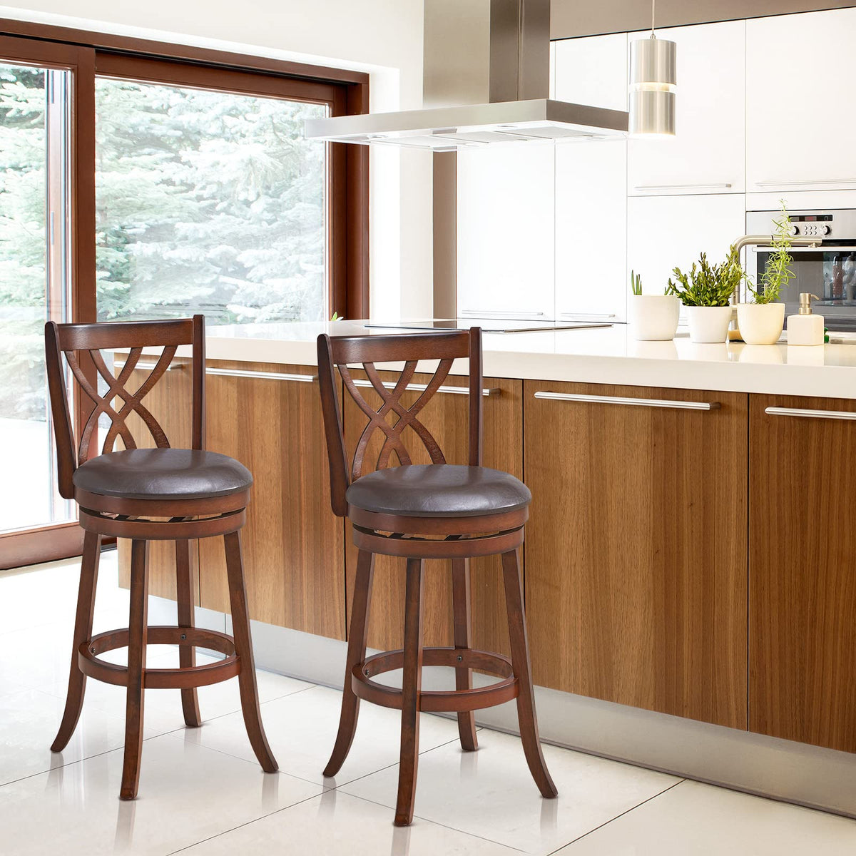 Goflame Brown Bar Stools PU Leather Cushioned Seat and Footrests, for Kitchen Island