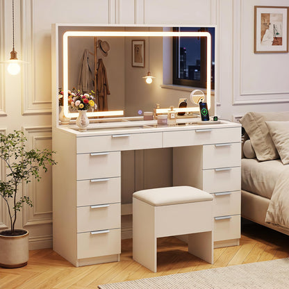 White Vanity Desk with Mirror, Lights, Charging Station, Glass Top
