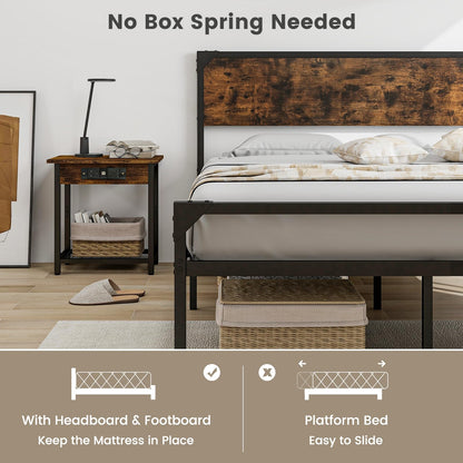 Goflame Full Size Bed Frame with Rustic Headboard & Footboard, Strong Metal Slat Support Mattress Foundation