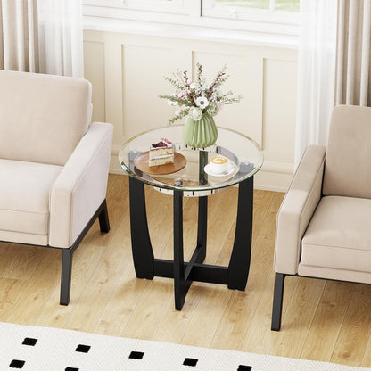 Goflame Round Glass End Table - 24’’ Side Table with Tempered Glass Top