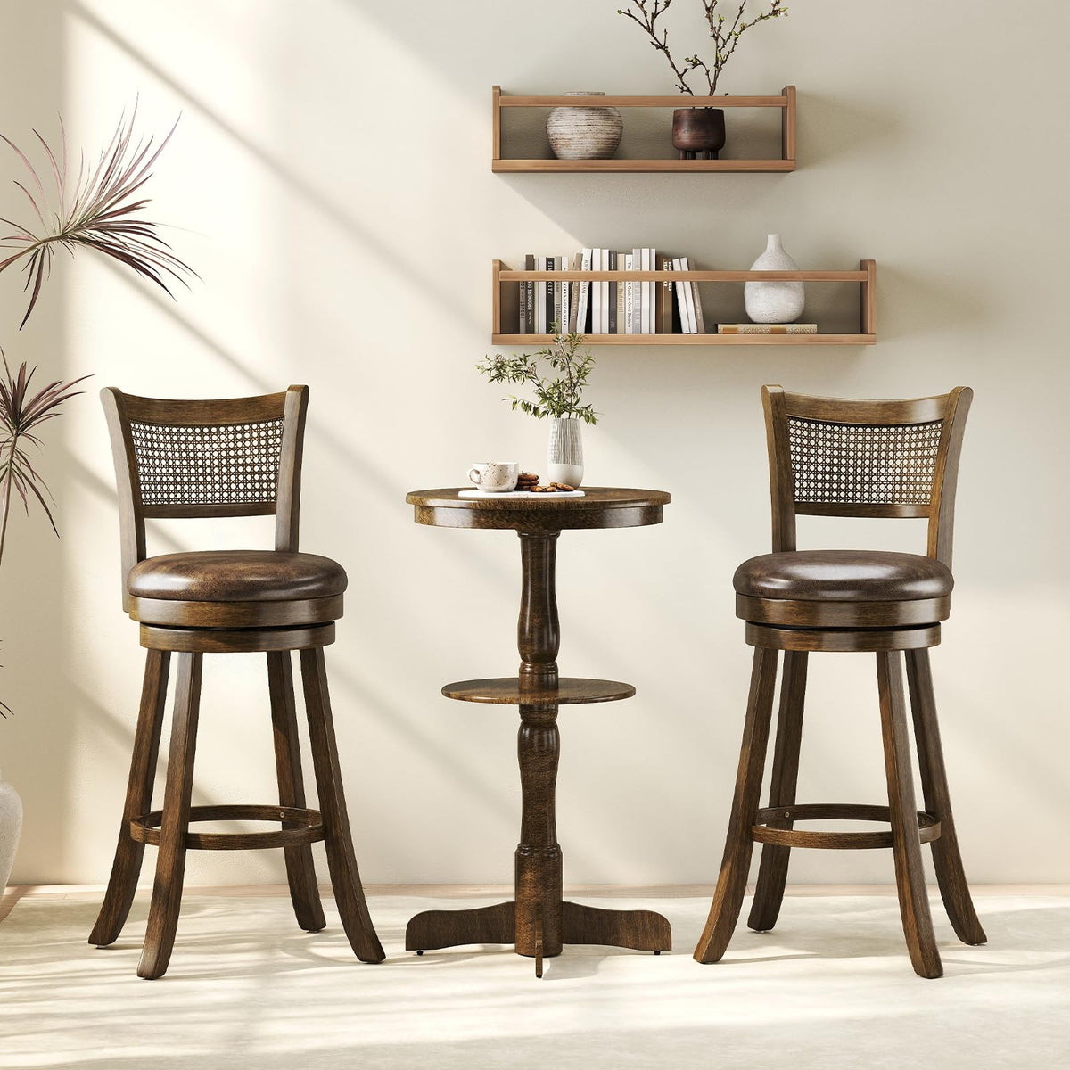Goflame 30" Bar Height Bar Chairs with PE Rattan Backrest Upholstered Leathaire Barstools