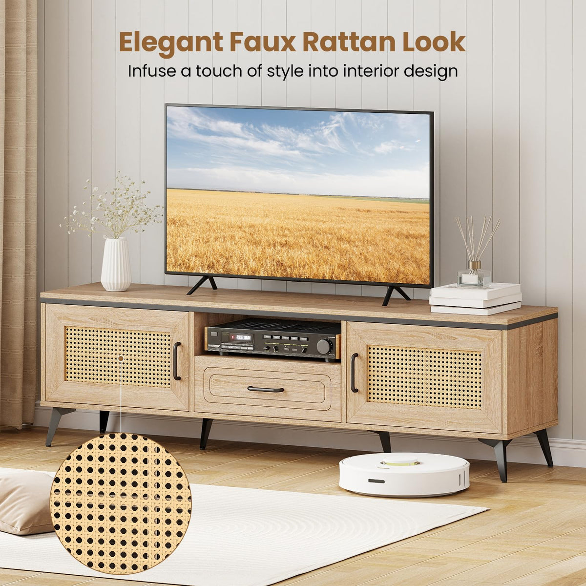 Goflame TV Stand for 60/65 Inch TV | Boho Entertainment Center with Storage Cabinets
