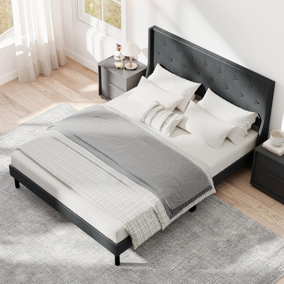 Goflame Queen Size Upholstered Bed Frame Linen Fabric Platform Bed with Button Tufted Wingback Headboard