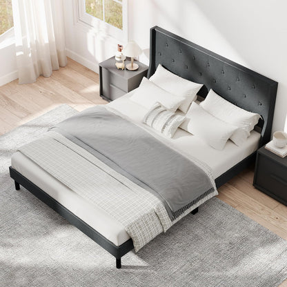 Goflame Queen Size Upholstered Bed Frame Linen Fabric Platform Bed with Button Tufted Wingback Headboard