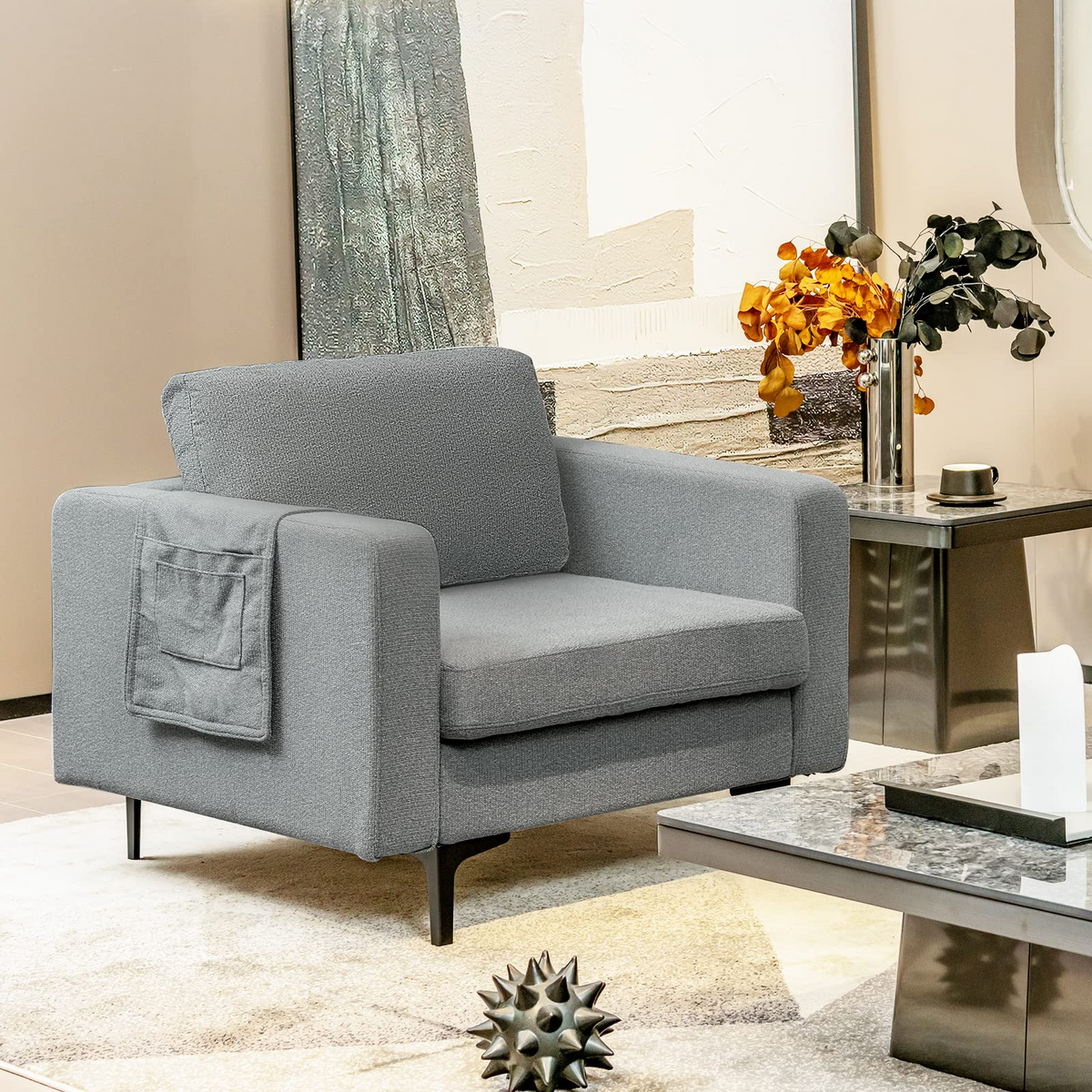 Goflame Modern Accent Chair w/Comfy Thick Cushion, Magazine Pockets