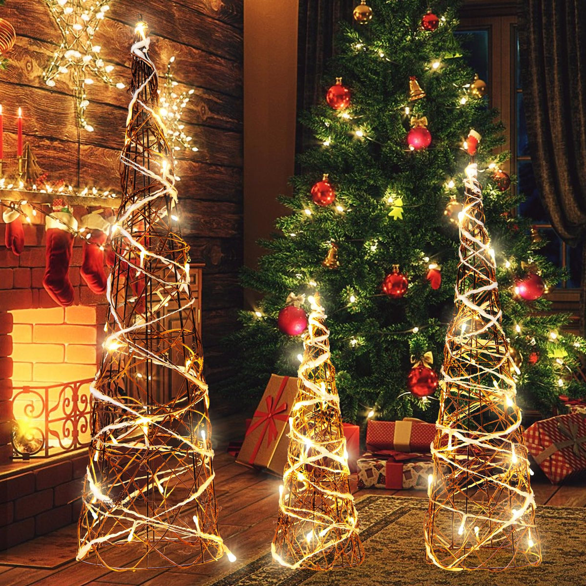 Goflame Set of 3 Large Christmas Cone Trees, 32” 24” 16” Indoor Christmas Trees w/Warm White LED Lights