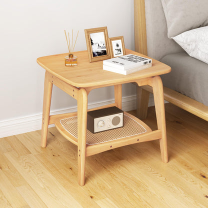 Goflame Rattan Side Table, Boho End Table with Storage Shelf, 2-Tier Bedside Table for Small Spaces