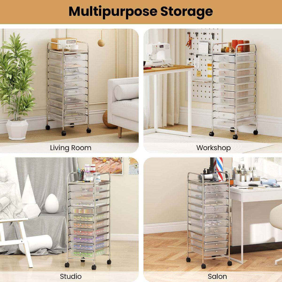 Goflame 10-Drawer Rolling Storage Cart with Metal Frame and Lockable Universal Wheels