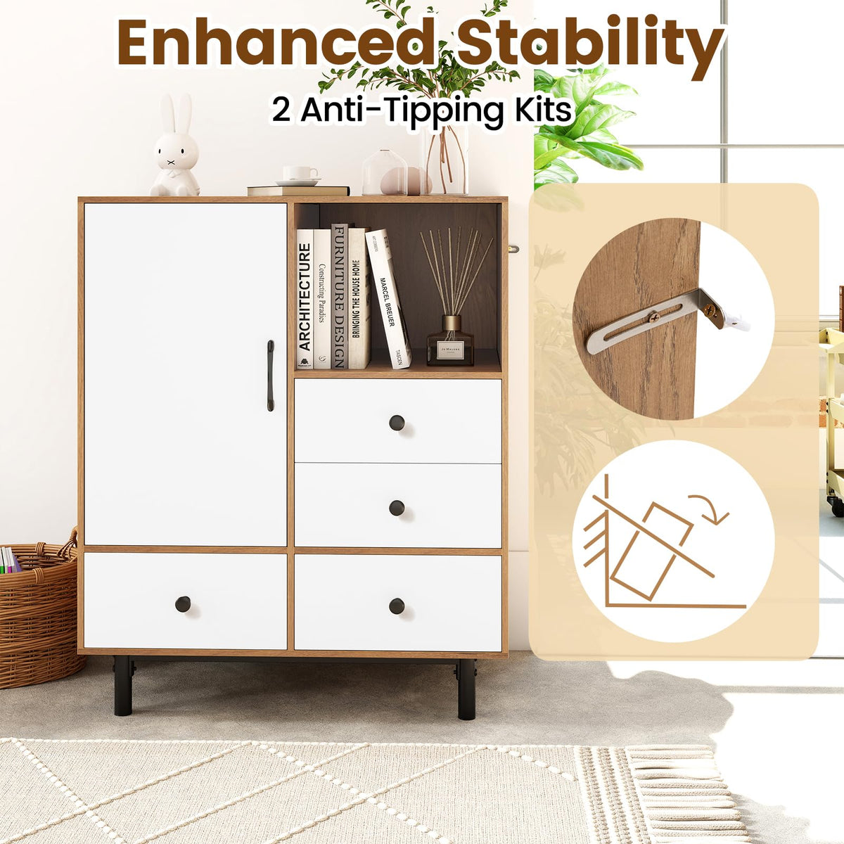 Goflame Storage Cabinet with 4 Drawers Door & Open Compartment, Metal Support Legs