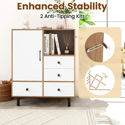Goflame Storage Cabinet with 4 Drawers Door & Open Compartment, Metal Support Legs