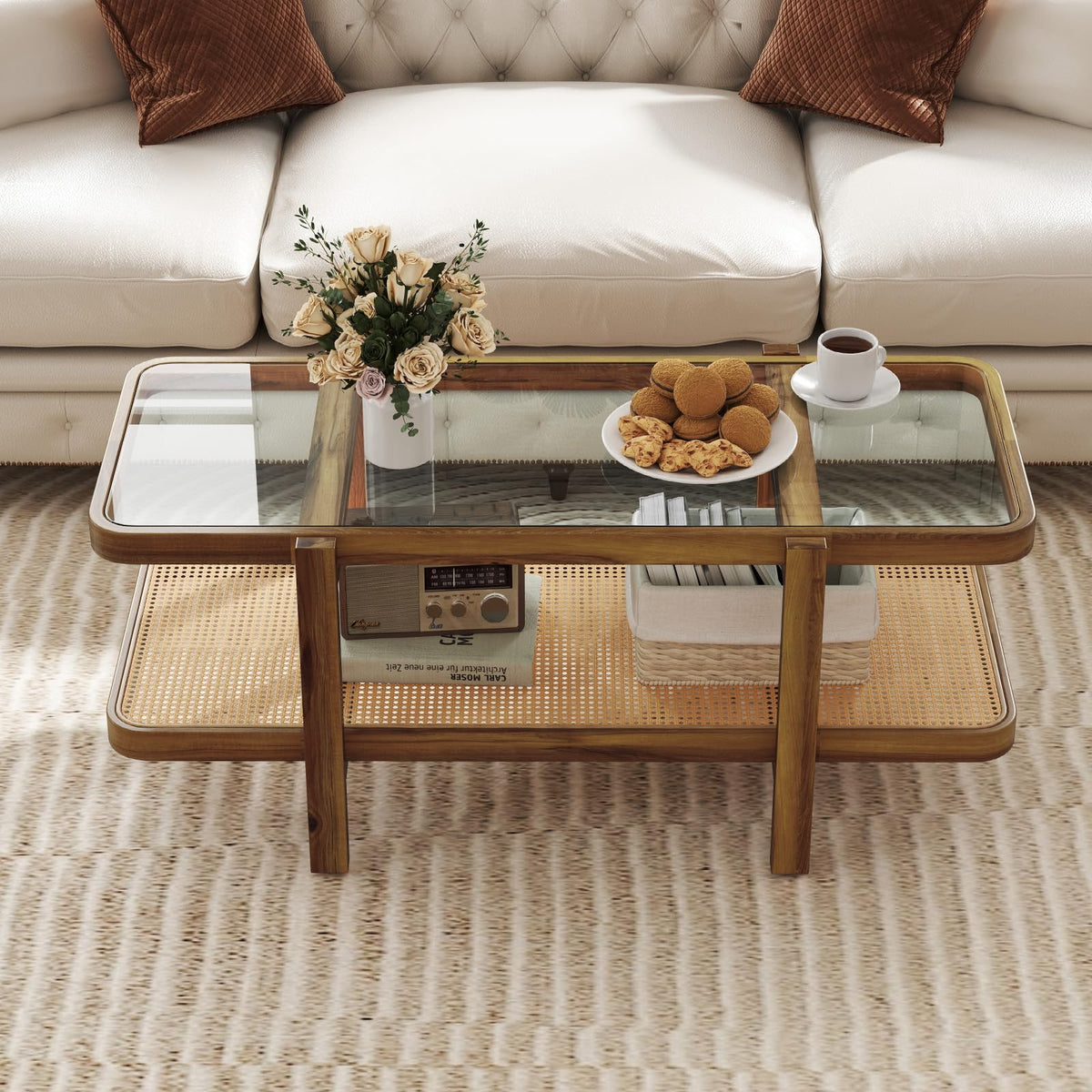 Goflame Rattan Coffee Table, 47.5" Rectangle Solid Wood Tea Table w/Tempered Glass Tabletop