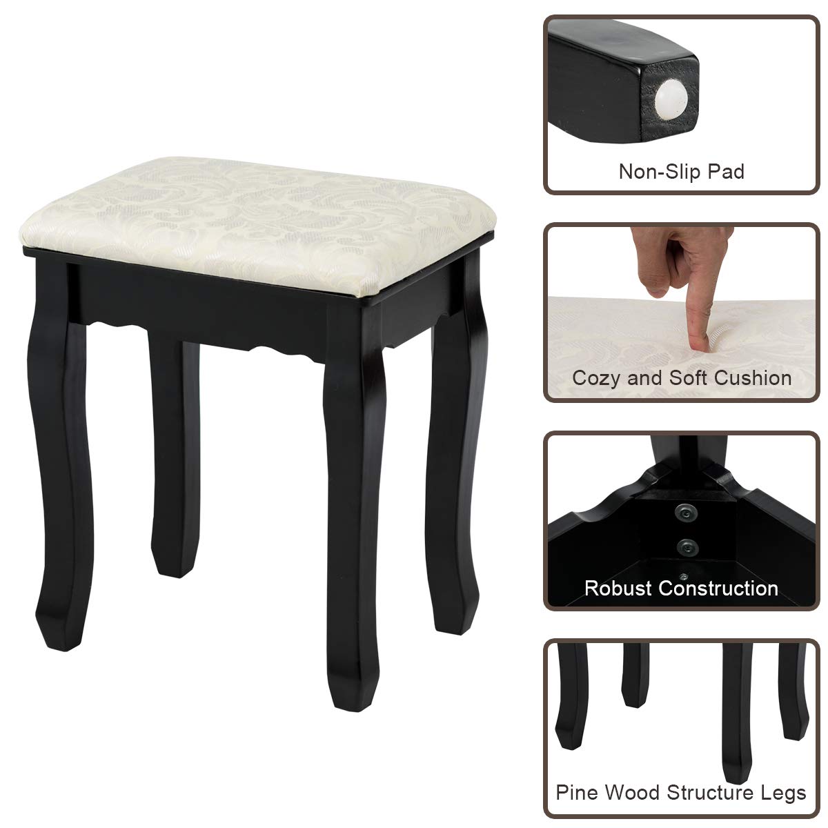 Vanity Set with 360° Rotating Oval Makeup Mirror, Dressing Table & Cushioned Stool Set with 5 Sliding Drawers & 12 LED Lights