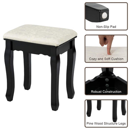 Vanity Set with 360° Rotating Oval Makeup Mirror, Dressing Table & Cushioned Stool Set with 5 Sliding Drawers & 12 LED Lights