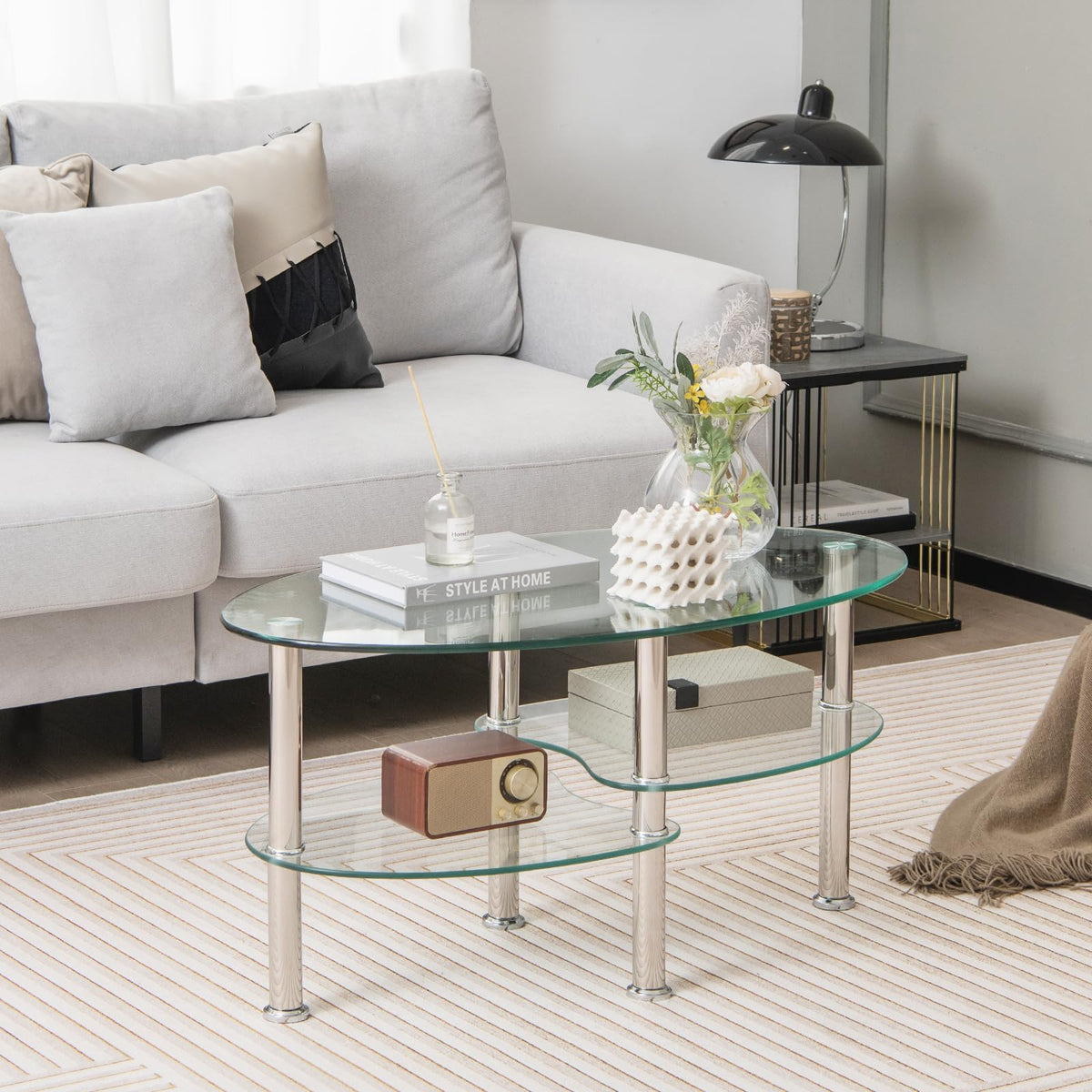 Goflame Oval Glass Coffee Table - 3-Tier Transparent Tempered Glass Center Table with Metal Stand, 35"× 20" ×18"