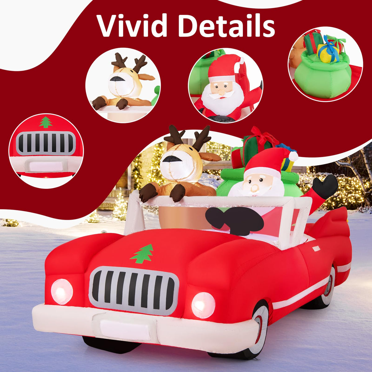 Goflame 7.7 FT Long Lighted Xmas Inflatable Santa Claus & Reindeer Driving Red Car Gift Boxes