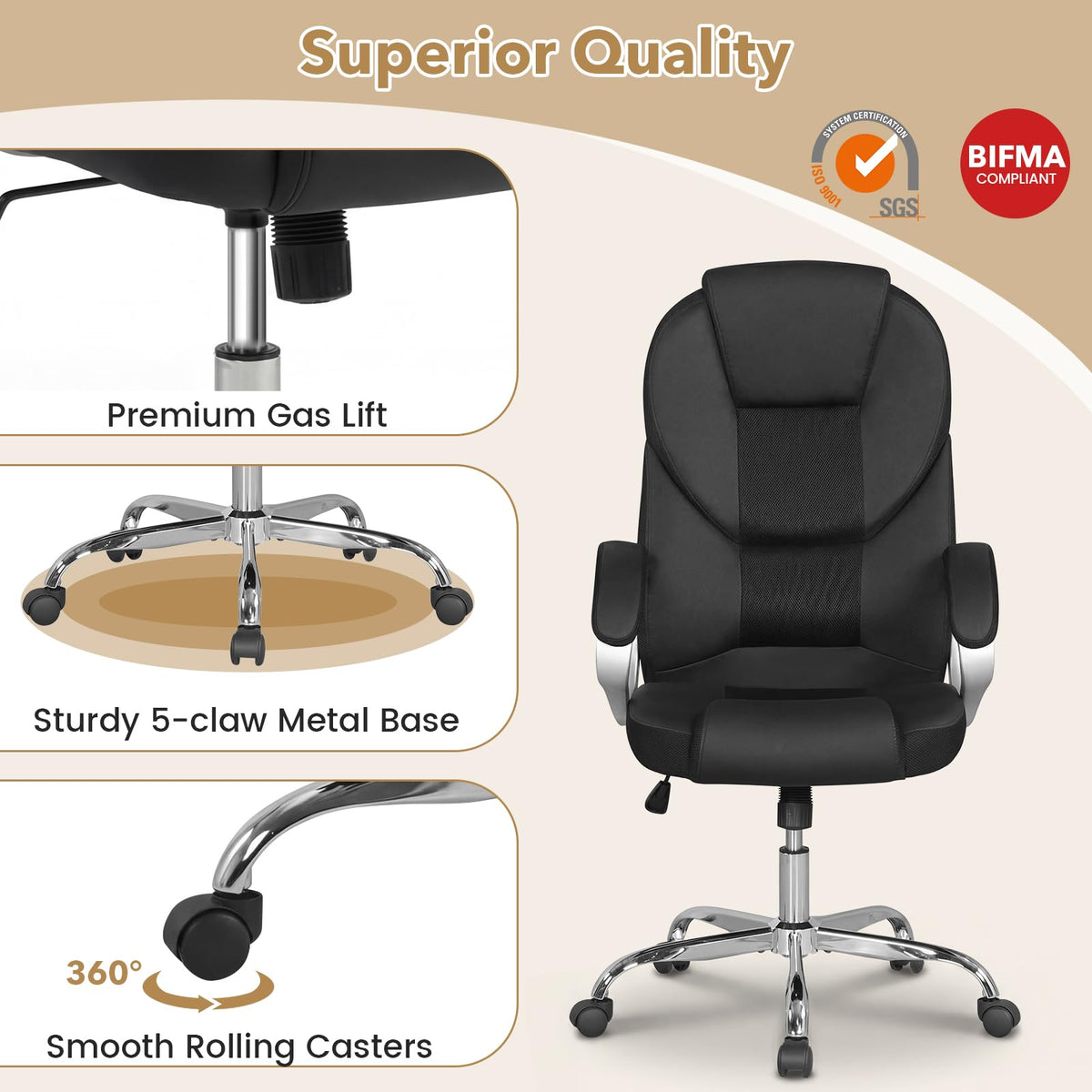 Goflame Leather Office Chair | Ergonomic Mesh Executive Chair with Padded Armrests & Rocking Backrest
