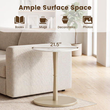 Goflame Round Marble Side Table w/Stone Finish & Wooden Pedestal (1/2)