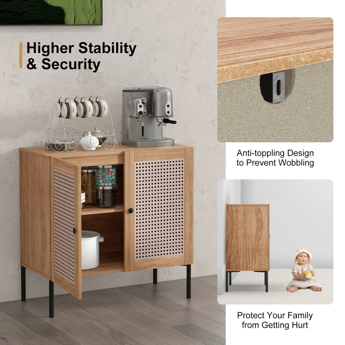 Goflame Buffet Cabinet, Wood Sideboard Storage Cabinet with Rattan Door, 3-Position Adjustable Shelf