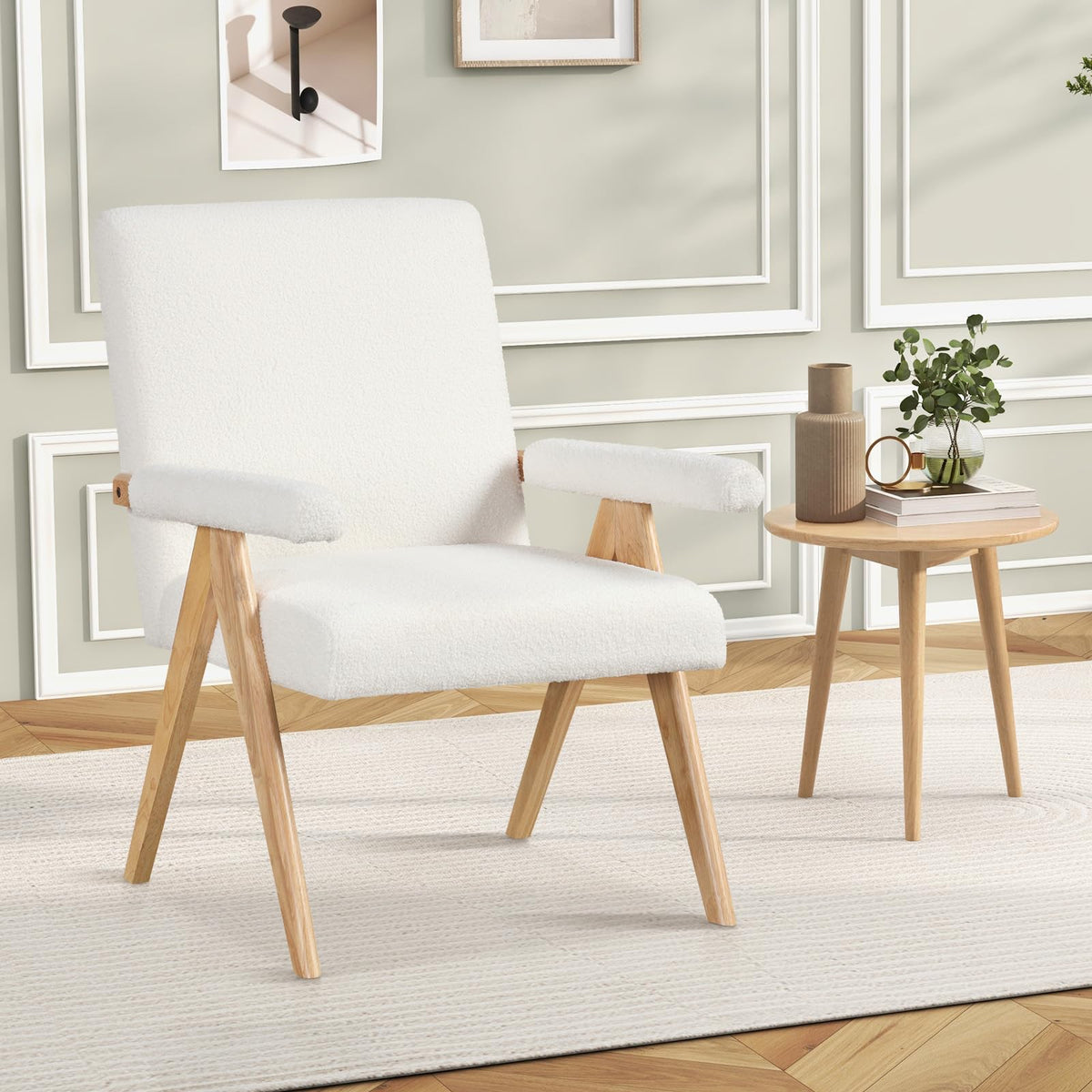 Goflame Mid-Century Modern Accent Chair, Sherpa Fabric Reading Chair with Padded Armrests
